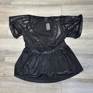 Torrid Black Metallic Liquid Shimmer Shine Crew Neck Short Sleeve Top Size 1XL